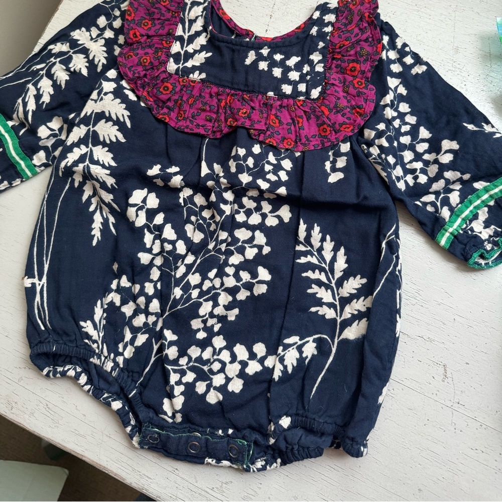 Pink Chicken Navy and white bubble romper in size 12/18 mos.